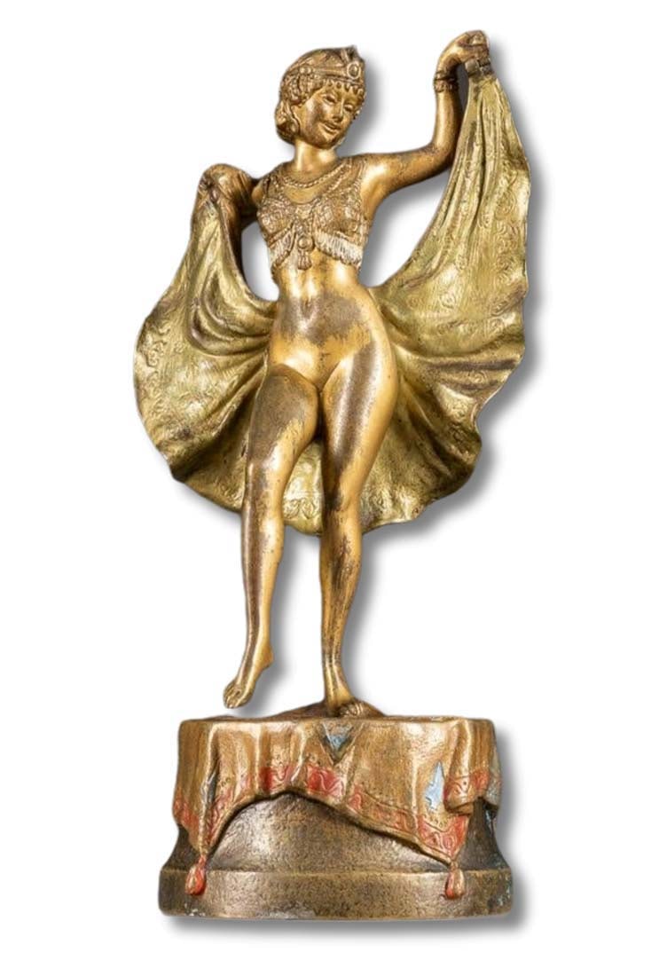 19th C. Franz Xaver Bergman Bronze Figure of Oriental Dancer: 19th C. Franz Xaver Bergman (1861-1932) Bronze Figure of Oriental Dancer. Measures H: 7 1/2". With the pitcher stamp on the reverse, inscribed 'Nam greb'. Fully plastic representation of a young