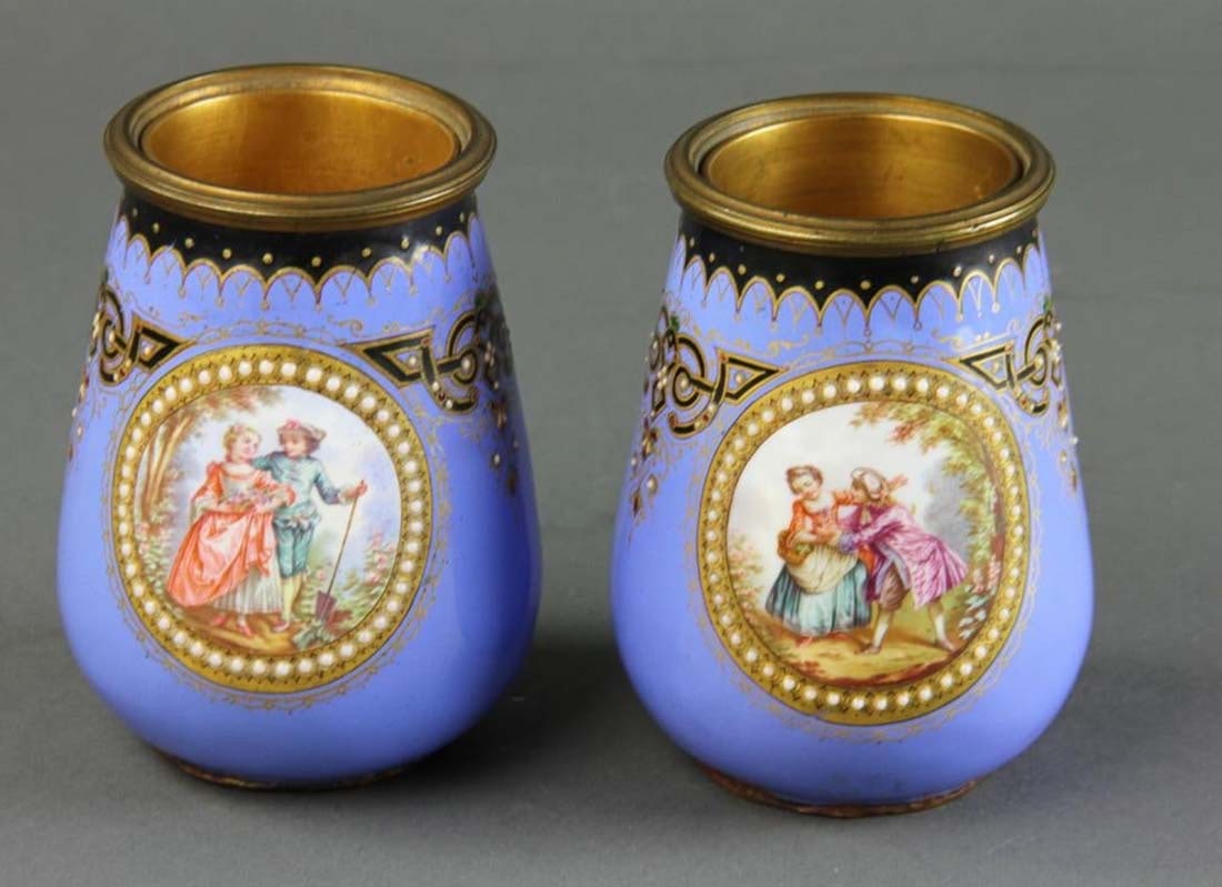 Pair of 19th C French Enamel Vases: Pair of 19th C French Enamel Vases. They measure H: 4" W: 3"