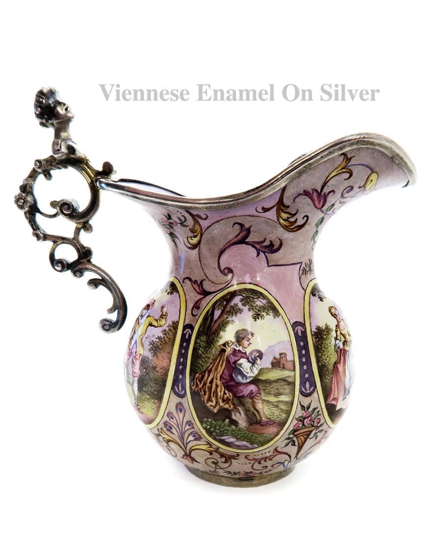 19th C. Figural Viennese Enamel On Silver Creamer: 19th C. Figural Viennese Enamel On Silver Creamer. Measures H 4" x W 4"