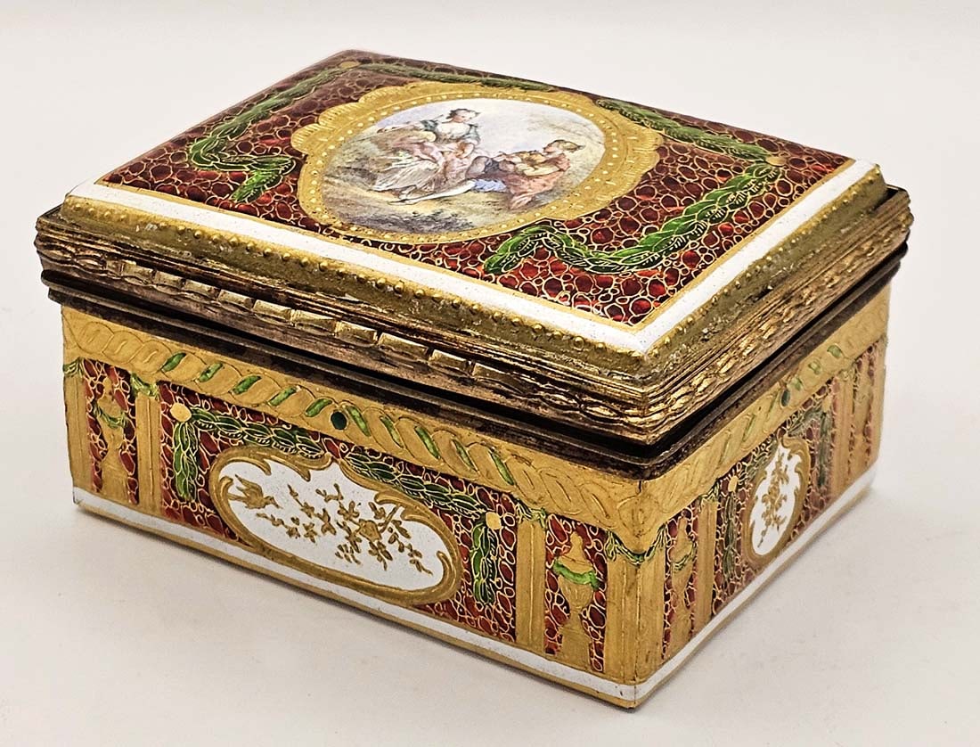 19th C. Viennese Enamel On Porcelain Trinket Box: 19th C. Viennese Enamel On Porcelain Trinket Box. H 2" x W 3" x L 3 5/8"