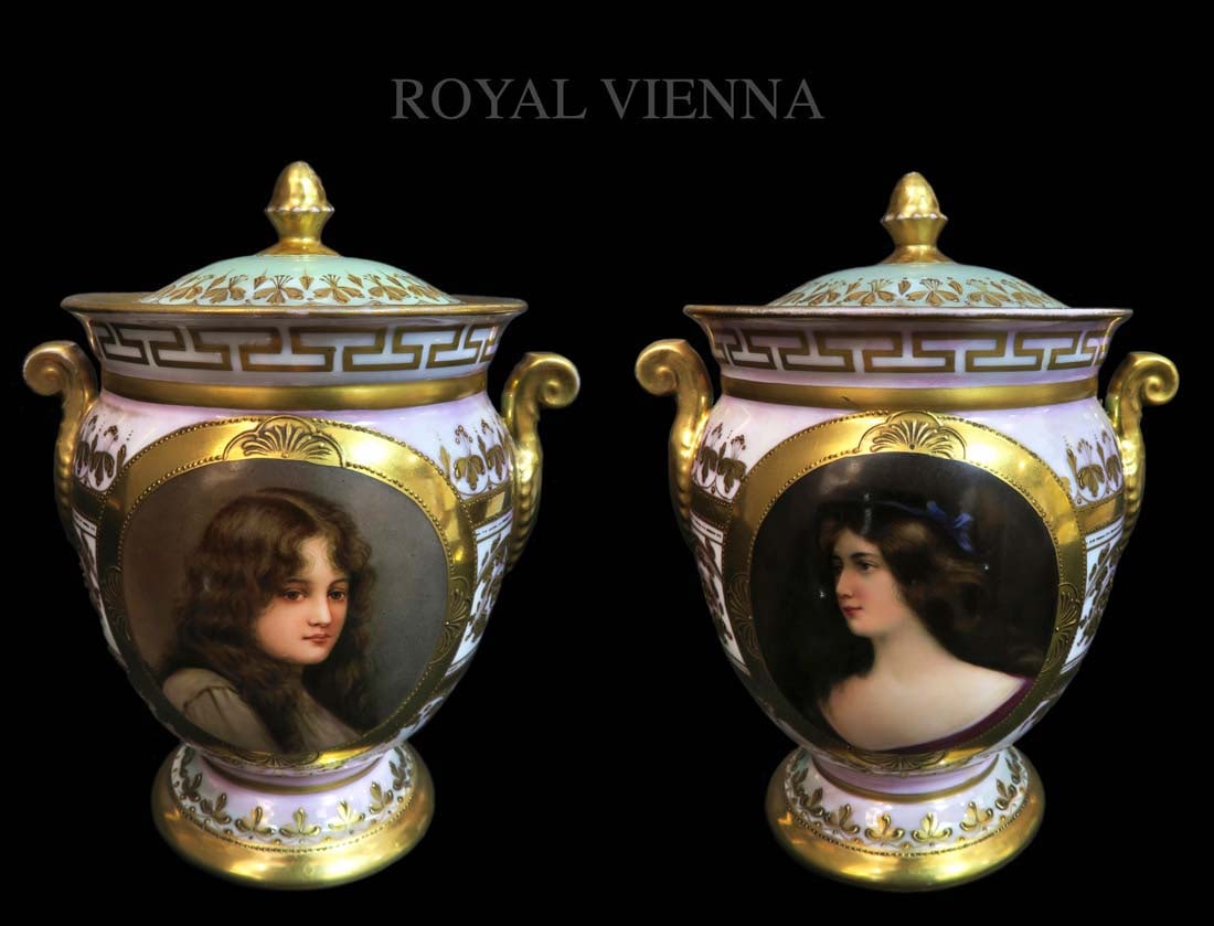 Pair of 19th C. Royal Vienna Iridescent Painted Porcelain Vases w/ Lid (1 of 6)