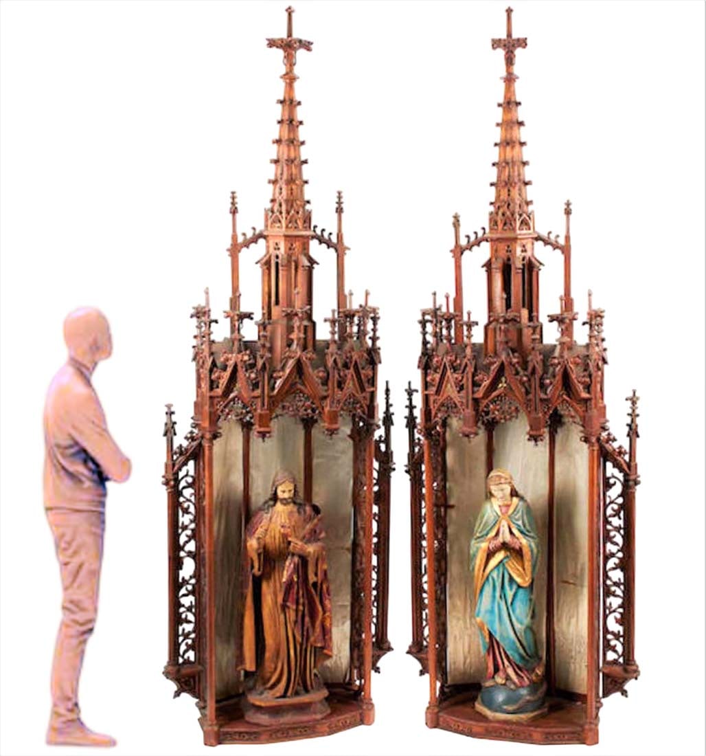 Pair of Monumental 19th C. Gothic Polychrome Decorated Figures of the Virgin & Christ within Carved: Pair of Monumental 19th C. Gothic Polychrome Decorated Figures of the Virgin & Christ within Carved Niches. height 120in (304cm); width 42 1/2in (108cm); depth 16in (41cm)
