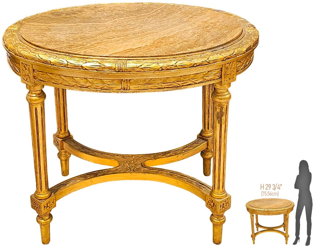 19th C. French Gold Wood Top Marble Center Table: 19th C. French Gold Wood Top Marble Center Table. H 29 3/4" x W 27 1/2" x L 35 1/2"