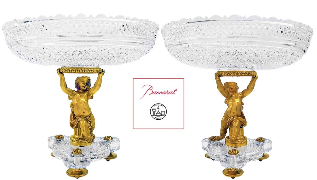 Pair Of 19th C. French Gilt Bronze Baccarat Crystal Taza \ Centerpiece: Pair Of 19th C. French Gilt Bronze Baccarat Crystal Taza \ Centerpiece. H 9 1/4" x W 9 1/2"