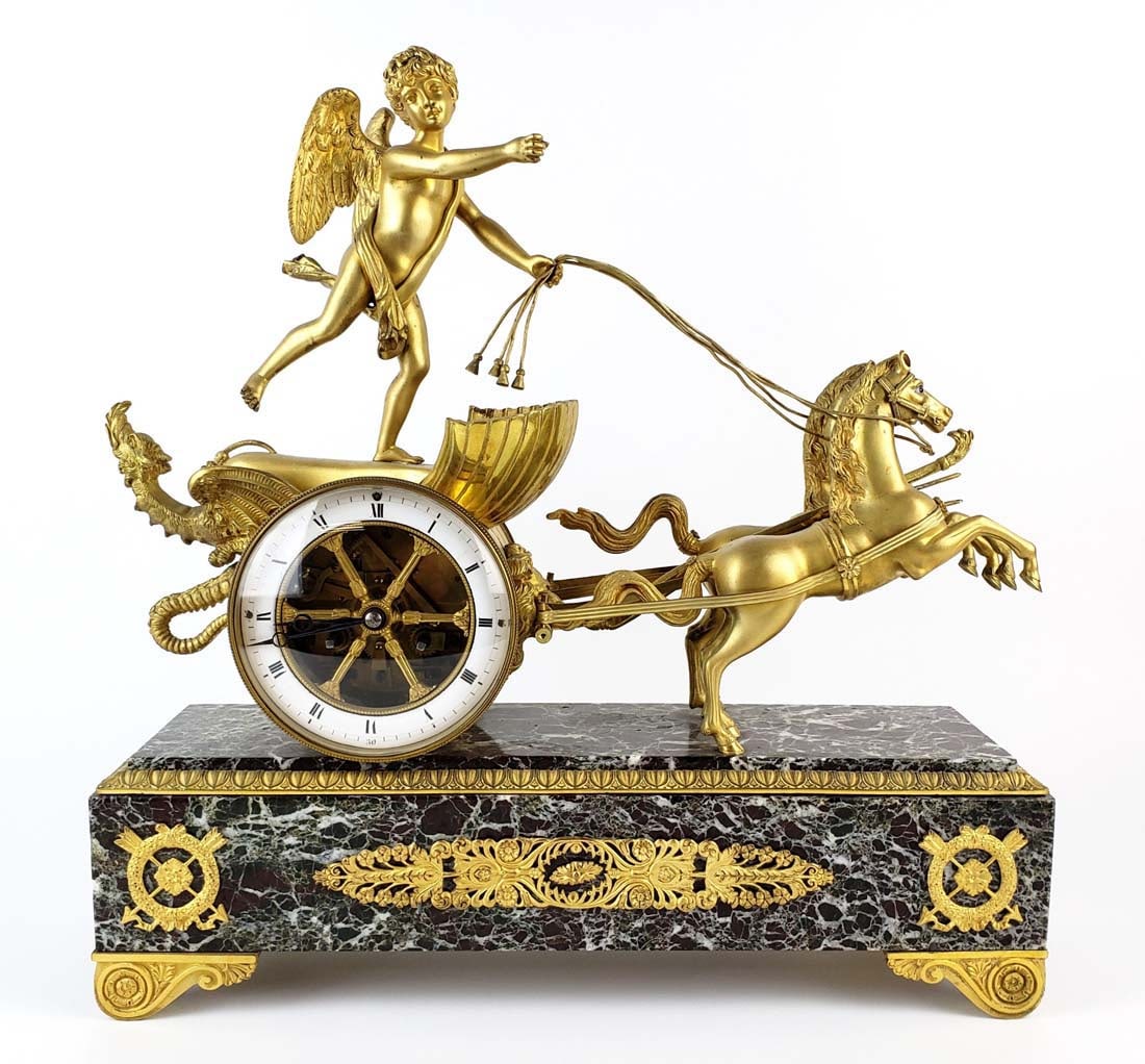 Magnificent 19th C. Bronze & Marble Clock: Magnificent 19th C. Bronze & Marble Clock. Measures H: 17 1/2" W: 17 1/4" D: 5"
