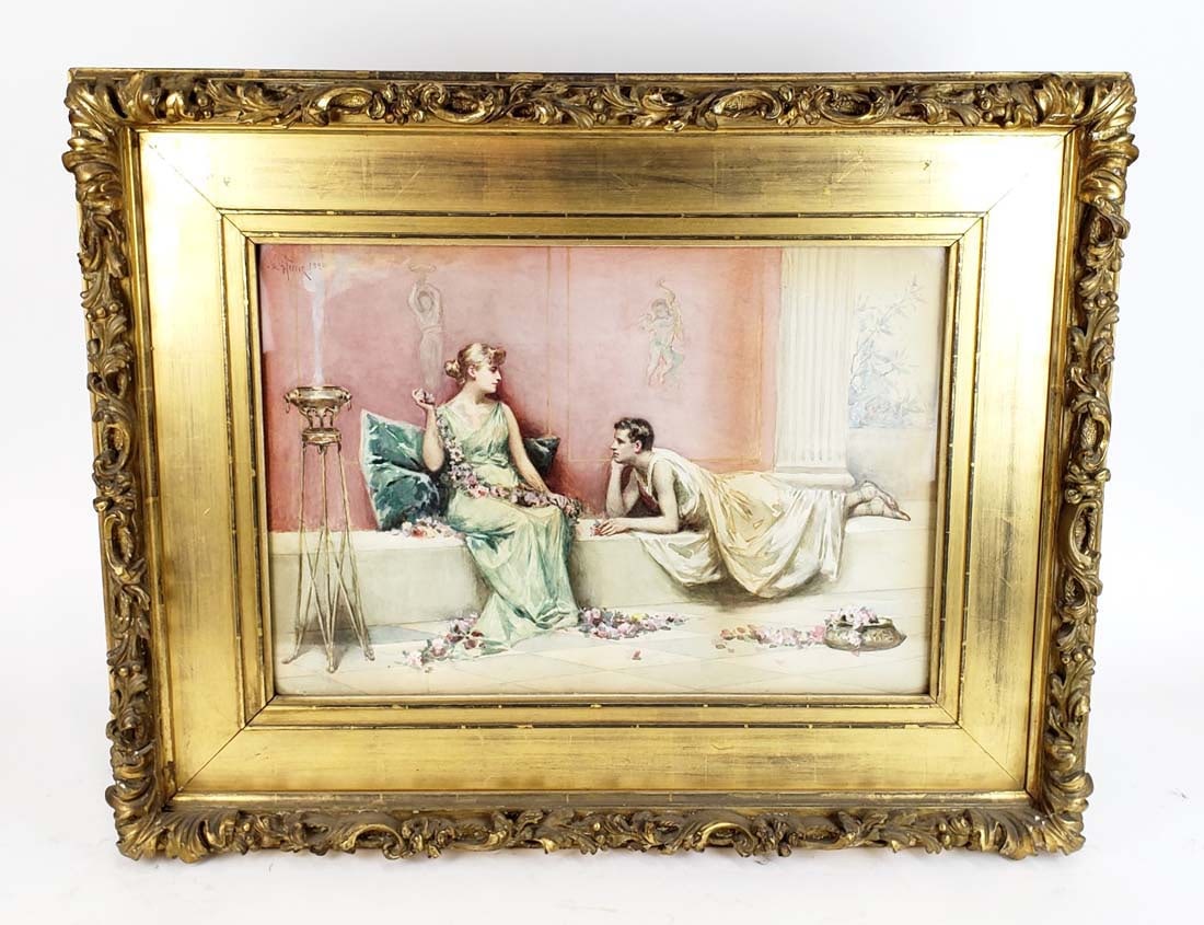 L9 Perris Signed Watercolor of Rome Decor, Dated 1890: L9 Perris Signed Watercolor of Rome Decor, Dated 1890. The frame measures 29" x 23" and the canvas measures 19 3/4" x 14"