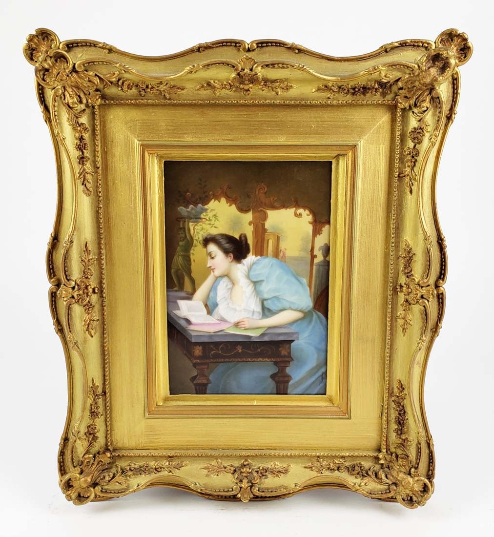 19th C. KPM Plaque of Woman Signed Wagner: 19th C. KPM Plaque of Woman Signed Wagner. This is a magnificent rare 19th century German KPM painting on porcelain by famous listed artist Wagner, showing a young woman reading a book. Signed by the 