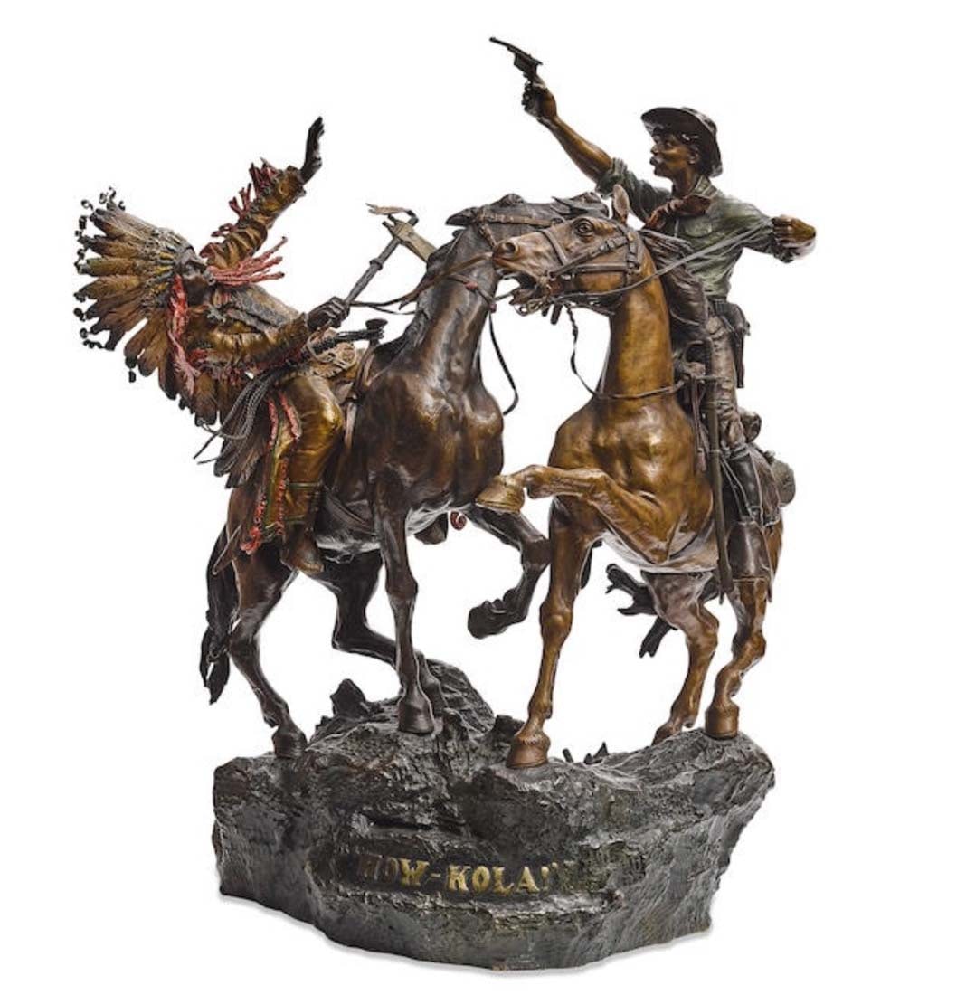 Carl Kauba (1865-1922) "How-Kola!" Large Bronze Group: Carl Kauba (1865-1922) "How-Kola!" Large Bronze Group. Measures H: 23". Inscribed 'C. Kauba' (on the base), stamped with title (on the base)bronze with mixed patina and polychrome. One of the most ico