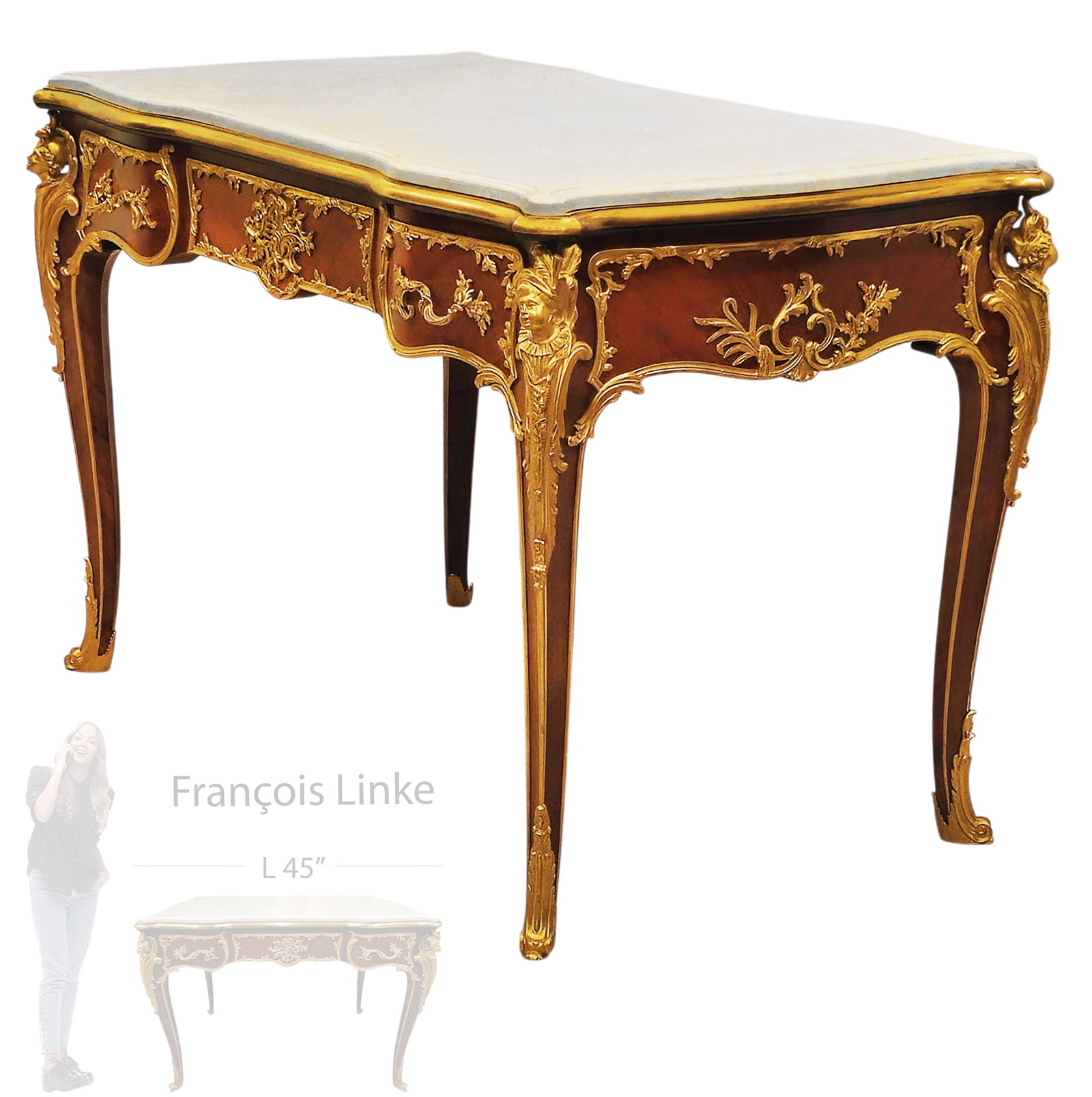 Beautiful 19th Century F. Linke Kingwood & Figural Gilt Bronze Desk: Beautiful 19th Century F. Linke Kingwood & Figural Gilt Bronze Desk. H 30 1/2" x W 28 1/2" x L 45"