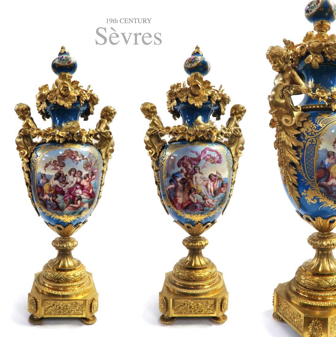Pair Of 19th C. Hand painted Sevres Style Urns: Pair Of 19th C. Hand painted Sevres Style Urns. H 29 1/2" x W 12"