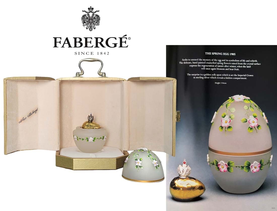 1985 Theo Faberge ' Spring Egg ': 1985 - Theo Faberge Spring Egg. H 4 1/2"Seeks to unravel the mystery of the egg and its symbolism of life and rebirth. The delicate, hand painted enamelled spring flowers raised from the crystal surfa