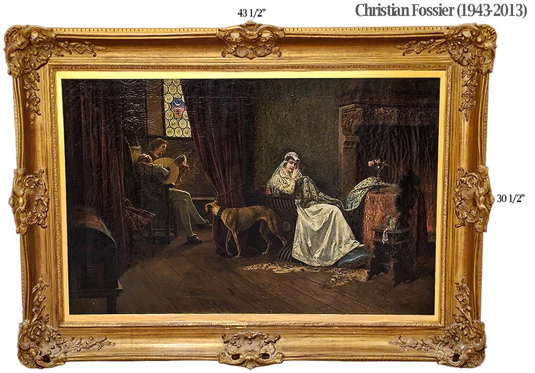 Large Oil On Canvas 'Afternoon Request' By French Christian Fossier: Large Oil On Canvas 'Afternoon Request' By French Christian Fossier. Frame: 30 1/2" x 43 1/2" \ Canvas: 22" x 35"