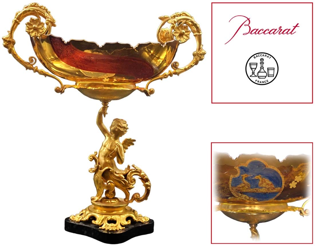 19th C. Figural Gilt Bronze Baccarat Crystal Centerpiece: 19th C. Figural Gilt Bronze Baccarat Crystal Centerpiece. H 17 1/2" x W 7 1/2" x L 15 1/2"