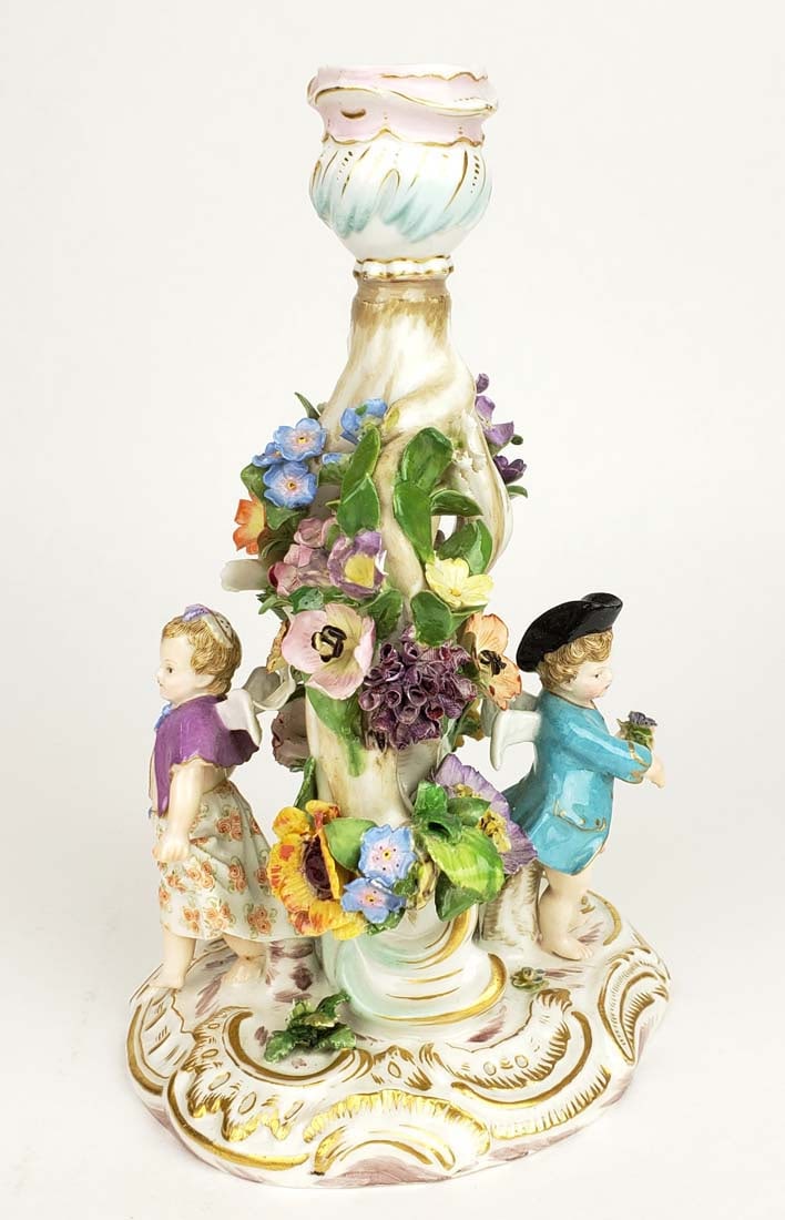 19th C. Meissen Porcelain Figural Encrusted Candlestick: 19th C. Meissen Porcelain Figural Encrusted Candlestick. Measures H: 8 1/2"