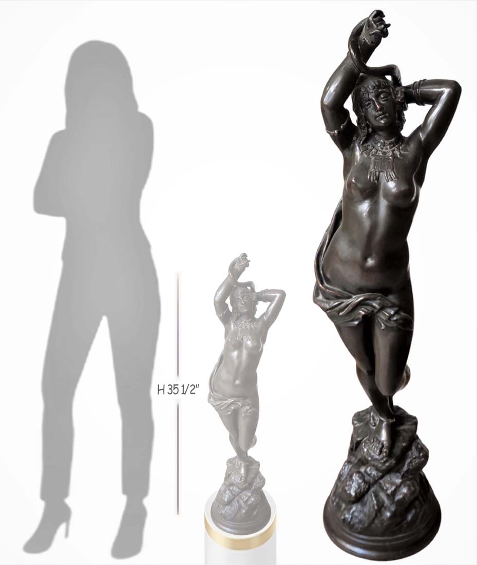 Large 19th C. Orientalist Nude Bronze Statue Holding A Snake: Large 19th C. Orientalist Nude Bronze Statue Holding A Snake. H 35 1/2" x W 8 1/2"