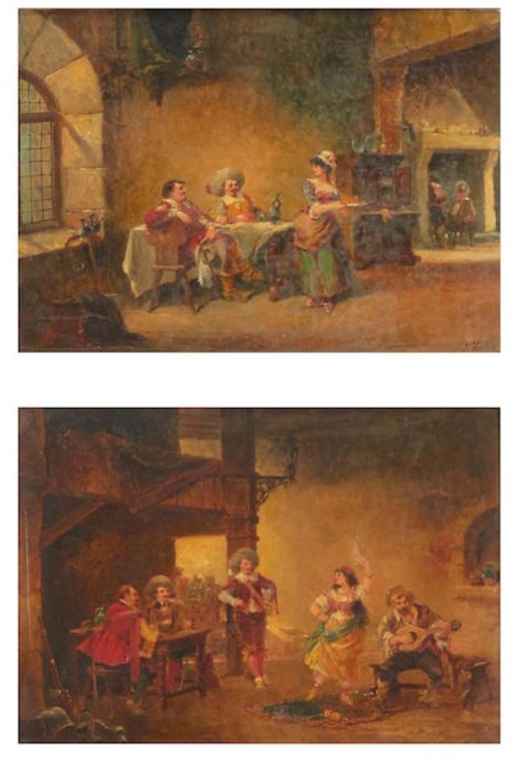 PAUL VOGLER (FRENCH, 1852-1904) Pair of "Cavaliers dans une taverne" Oil on Canvas Paintings (1 of 4)