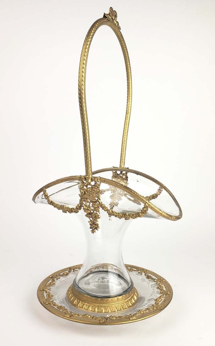 19th C. French Gilt Bronze & Crystal Basket with Underplate: 19th C. French Gilt Bronze & Crystal Basket with Underplate. The basket measures H: 15 3/4" and the underplate measures 7 3/4" diameter