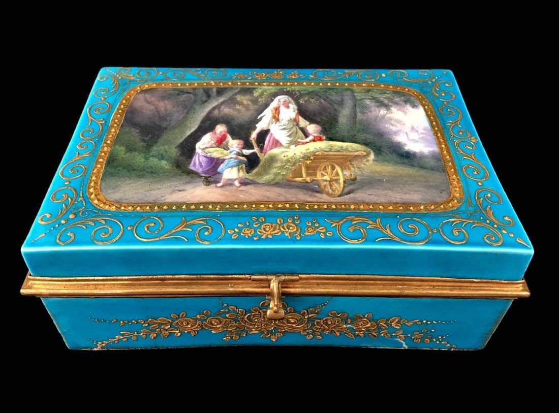 19th C. Sevres French Porcelain Jewelry Box: 19th C. Sevres French Porcelain Jewelry Box. Measures H: 2 3/4" W: 7 1/4"