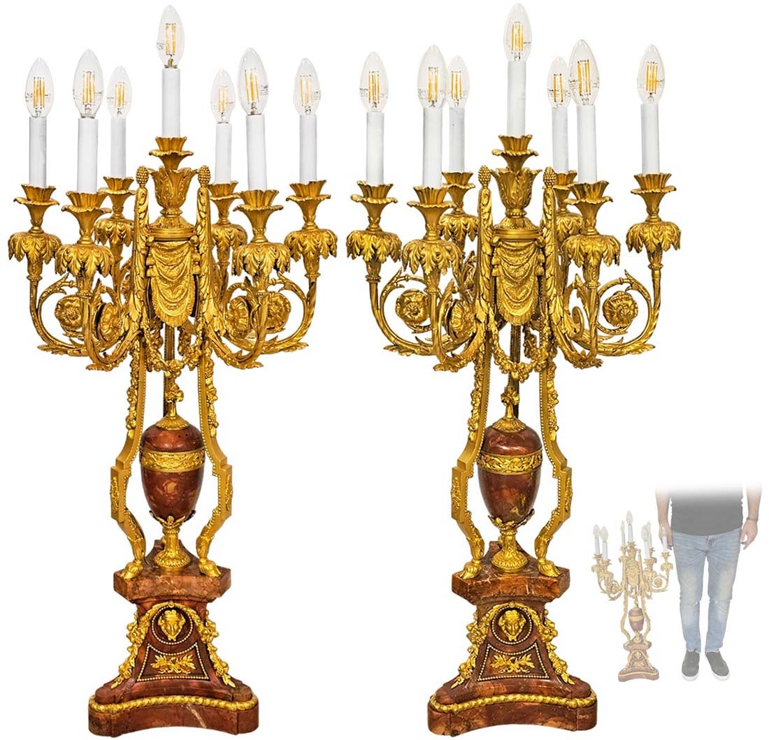 Pair Of Large 19th C. French Bronze Mounted Rouge Marble Candelabra/ Lamps: Pair Of Large 19th C. French Bronze Mounted Rouge Marble Candelabra/ Lamps. H 37 1/2" x W 17"