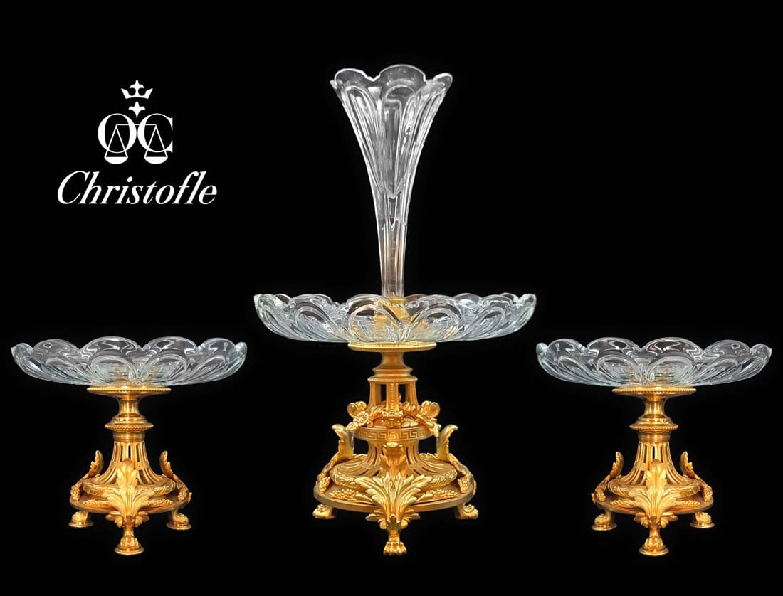 19th C. Gilt Bronze Christofle Centerpiece, 3 Pieces Set: 19th C. Gilt Bronze Christofle Centerpiece, 3 pieces set. Centerpiece: H 18 1/2" x W 11 1/2" \ Urns: H 7 1/8" x W 8 3/4"