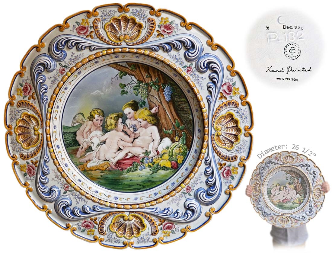 Very Large 20th Century Hand Painted Ceramic Portuguese Decorative Plate: Very Large 20th Century Hand Painted Ceramic Portuguese Decorative Plate. D: 26 1/2"