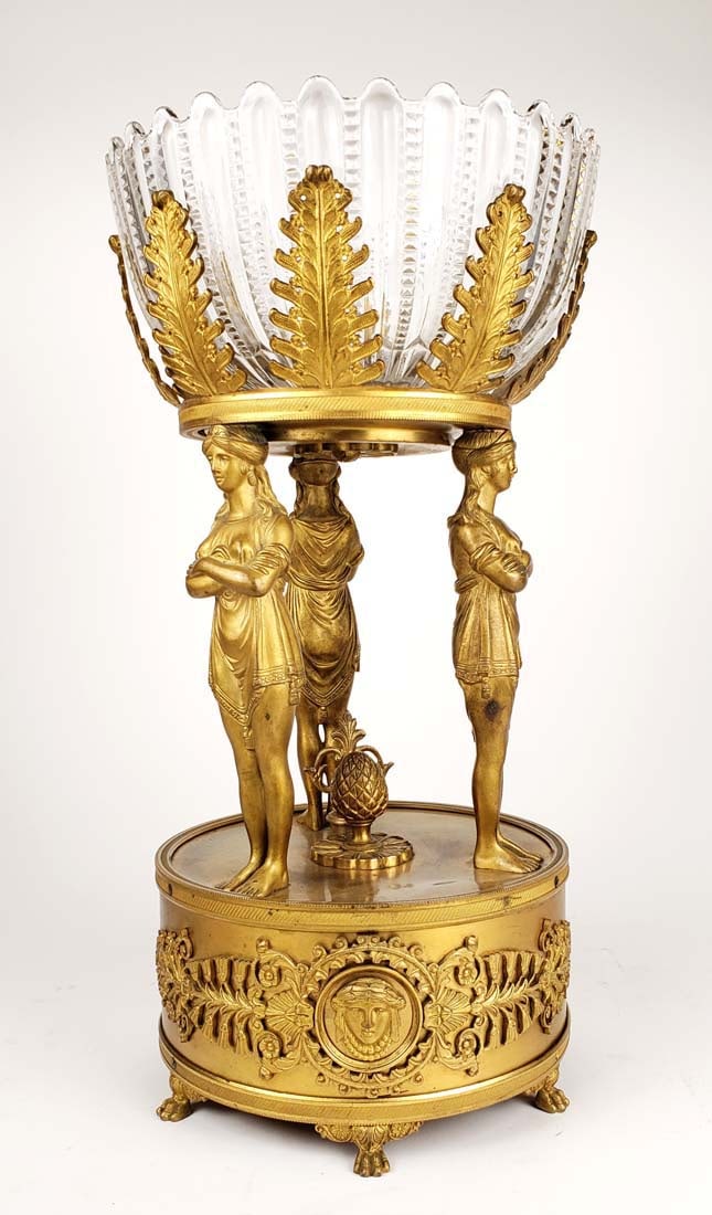 19th C. French Bronze & Crystal Figural Centerpiece: 19th C. French Bronze & Crystal Figural Centerpiece. Measures H: 17 1/4" W: 9"