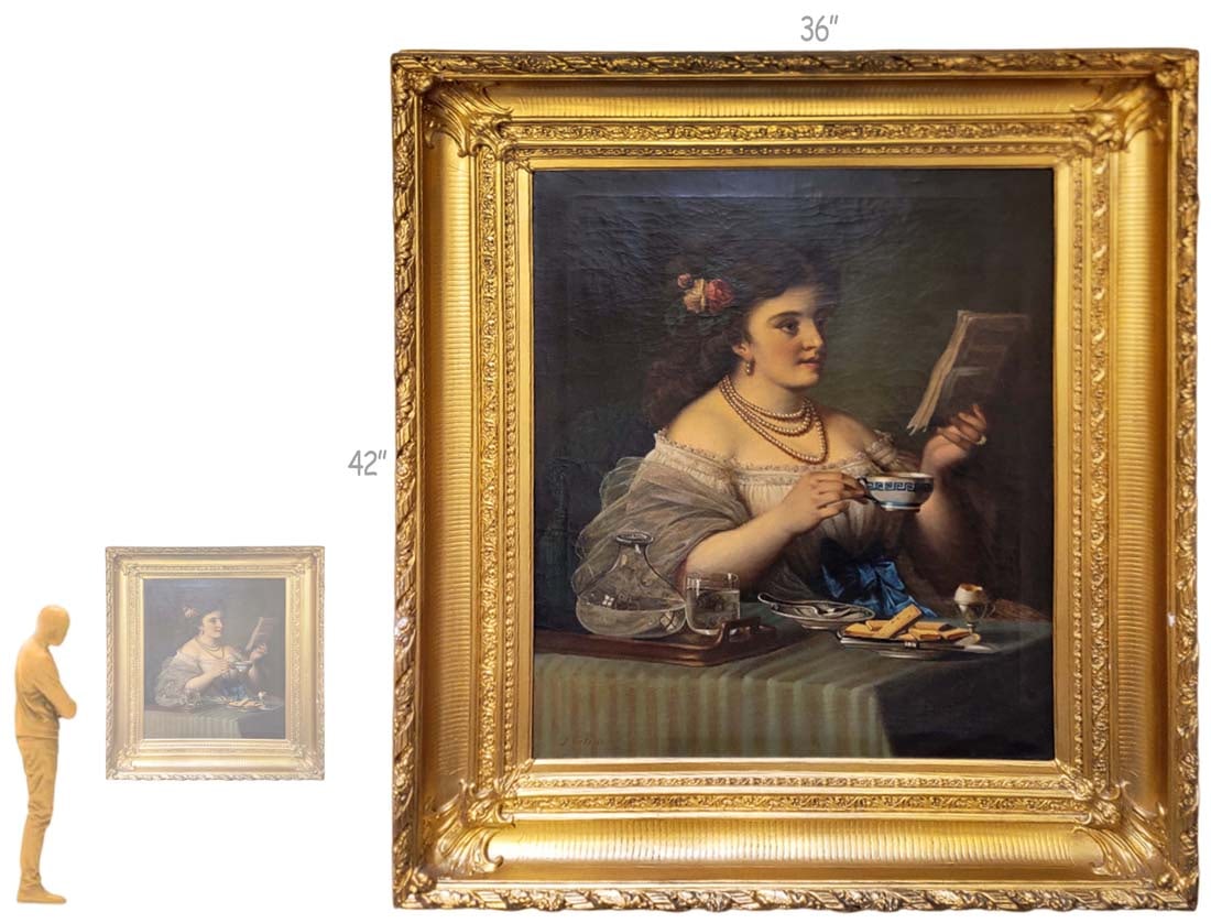 Large Signed 19th C. Oil On Canvas 'A Woman Drinking Tea And Reading': Large Signed 19th C. Oil On Canvas 'A Woman Drinking Tea And Reading' After Walery Eljasz-Radzikowski Painting. 36" x 42"