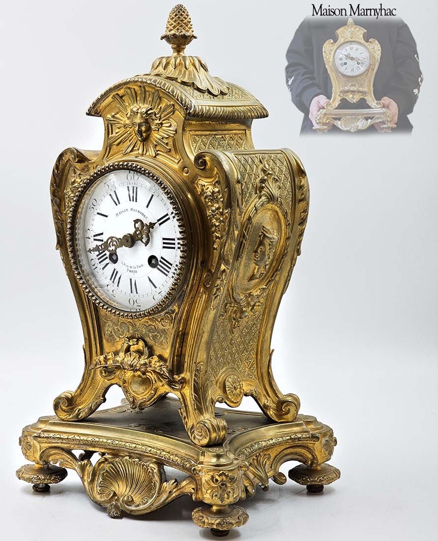 19th C. French Figural Bronze Maison Marnyhac Mantel Clock: 19th C. French Figural Bronze Maison Marnyhac Mantel Clock. H 15" x W 7" x L 8 1/2"