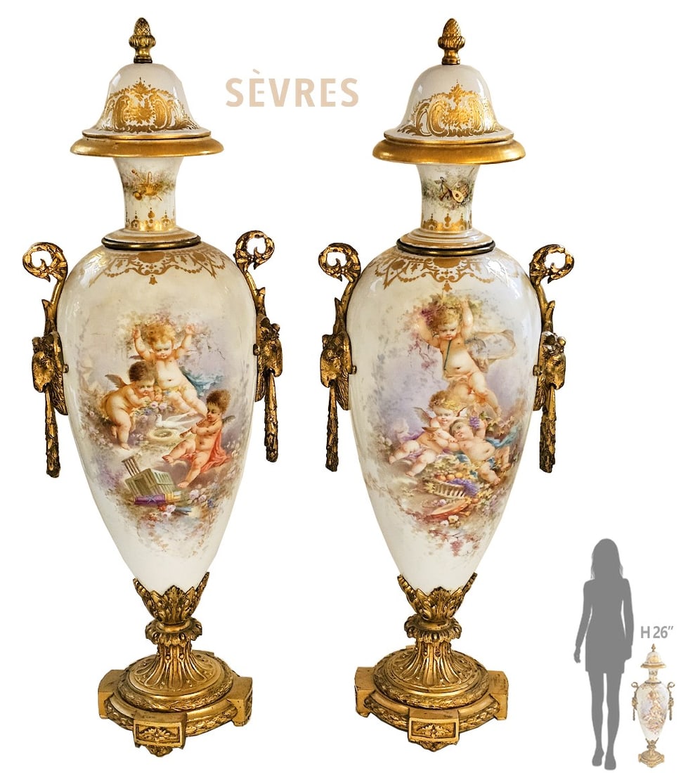 Large Pair Of Large 19th C. French Hand Painted Sevres Urns: Large Pair Of Large 19th C. French Hand Painted Sevres Urns. H 26" x W 7 x L 9"
