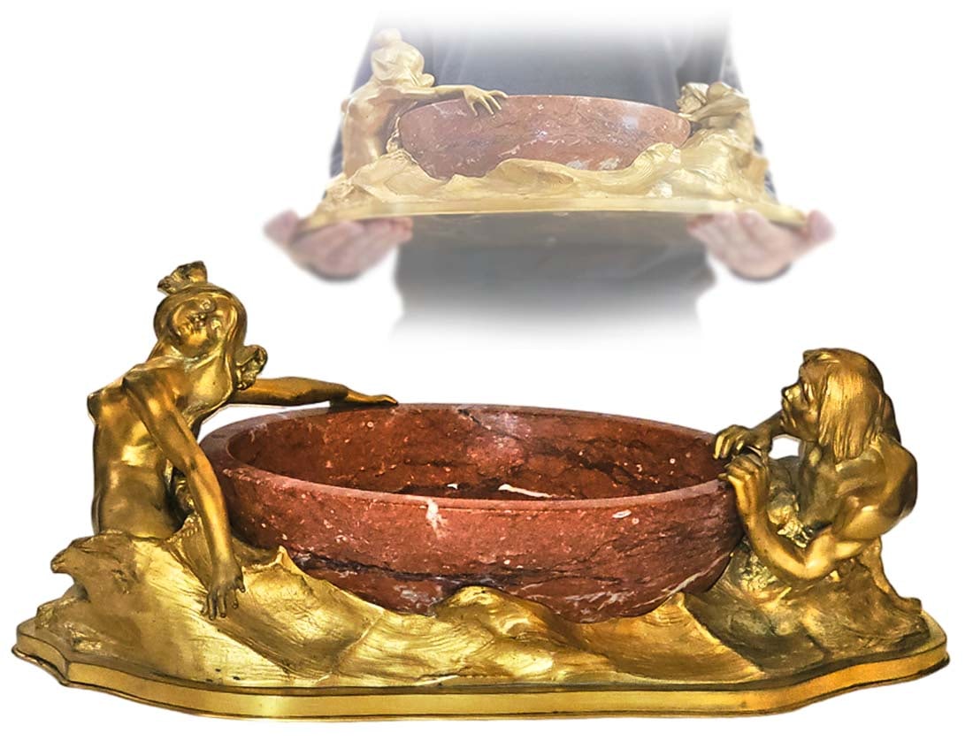 Large Art Nouveau Figural Gilt Bronze Marble Centerpiece: Large Art Nouveau Figural Gilt Bronze Marble Centerpiece. H 8" x W 8" x L 18"