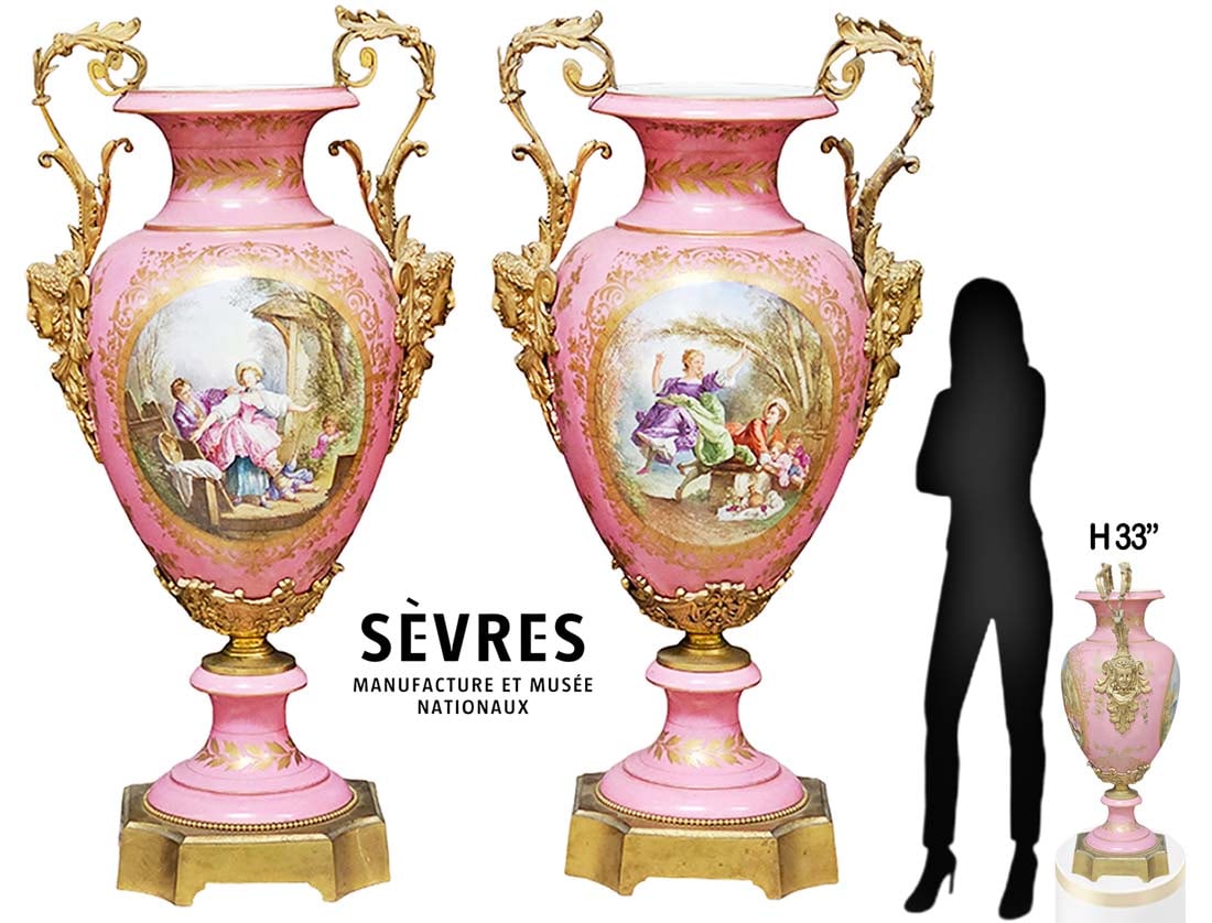 Large 19th C. Louis XVI Style Pair Of Pink Sevres Porcelain Bronze Figural Mounted Vase, Singed By A: Large 19th C. Louis XVI Style Pair Of Pink Sevres Porcelain Bronze Figural Mounted Vase, Singed By AMagLin. H 33" x W 12 x L 17"