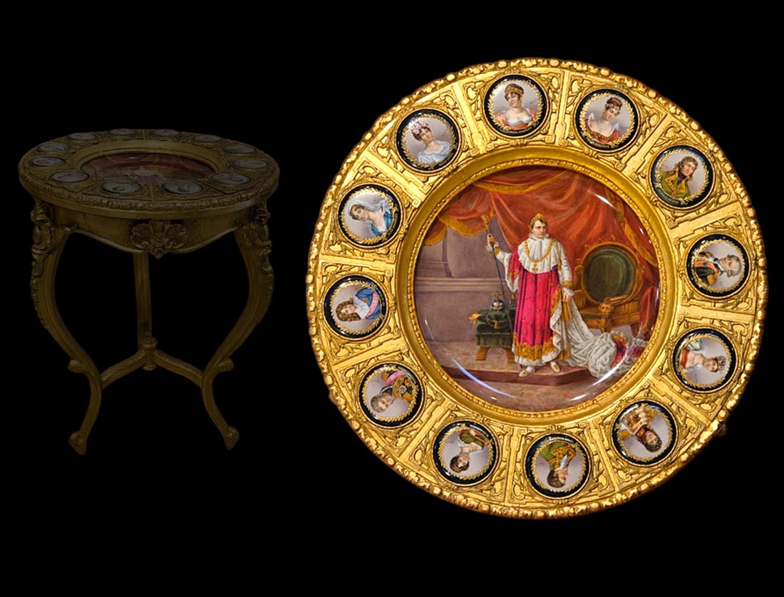 19th C. Austria Vienna Plaque Napoleon, Royal Family Plaque Mounted Gilt-Wood Table: 19th C. Austria Vienna Plaque Napoleon, Royal Family Plaque Mounted Gilt-Wood Table. H 29 1/2" x W 22"