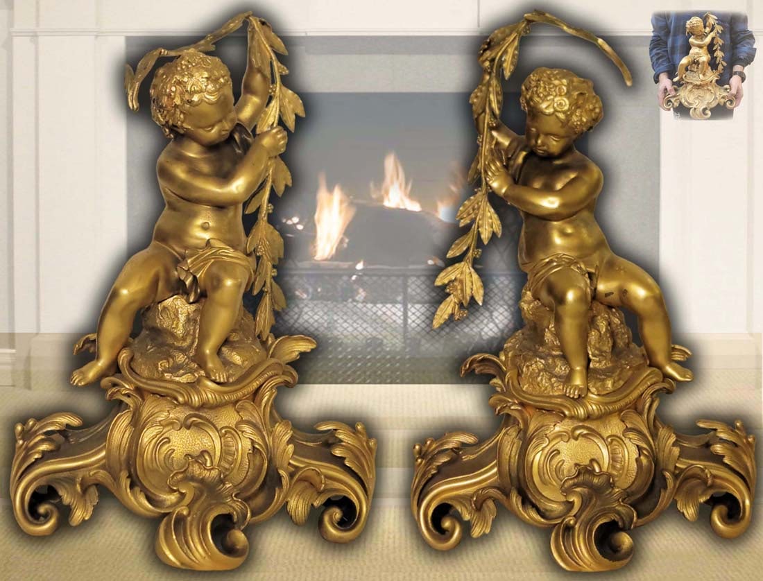 Pair Of 19th C. Gilt Bronze French Figural Fireplace Chenets: Pair Of 19th C. Gilt Bronze French Figural Fireplace Chenets. H 18" x W 6" x L 12"
