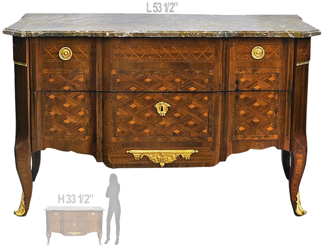 19th C. French Louis XVI Bronze Mounted Marquetry & Parquetry Commode (1 of 13)