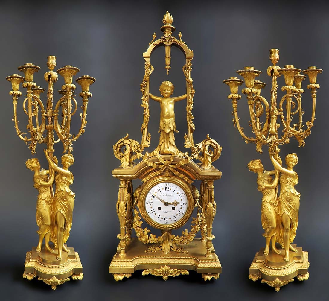 Magnificent French Monumental Mercury Gilt Bronze Figural Clock Set By L. Marchand: Magnificent French Monumental Mercury Gilt Bronze Figural Clock Set By L. Marchand. Clock: 8" x 14.7" x H 35" / Candelabras: D 13" x H 29"