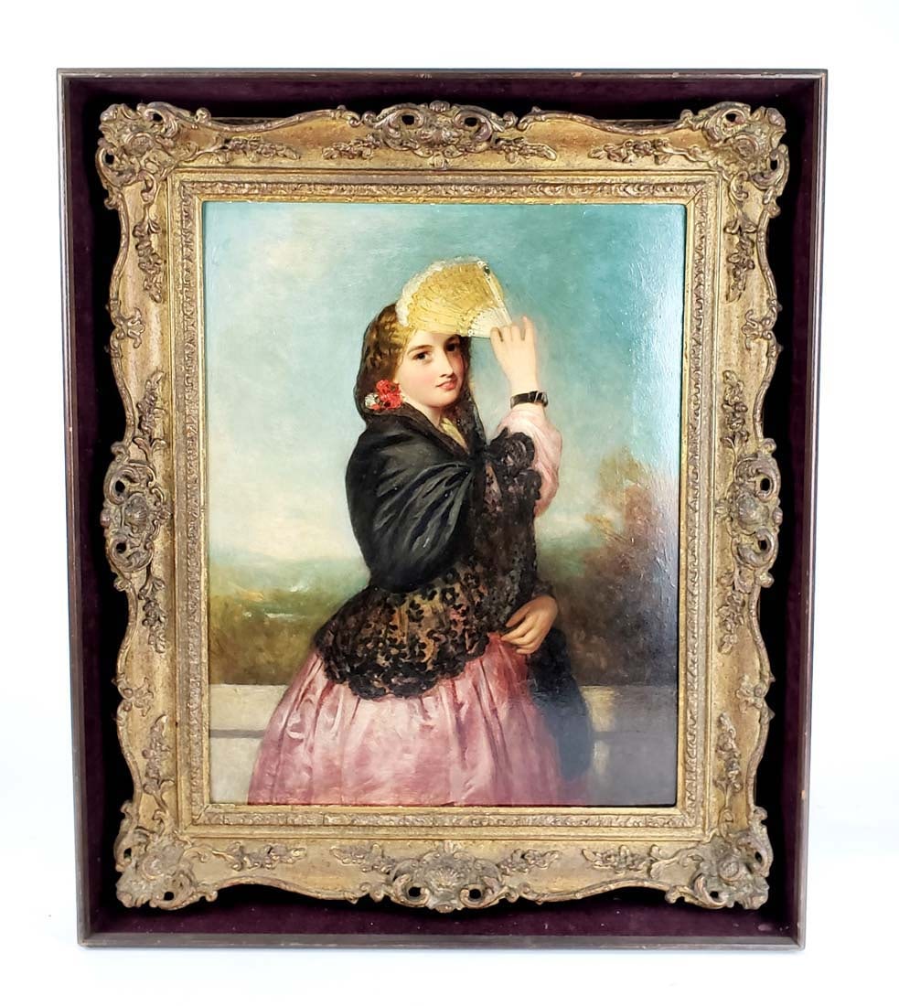 19th C. Oil on Board of Woman w/ Fan: 19th C. Oil on Board of Woman w/ Fan. The frame measures 25 1/2" x 21 1/2" and the canvas measures 19 1/2" x 14 1/2"