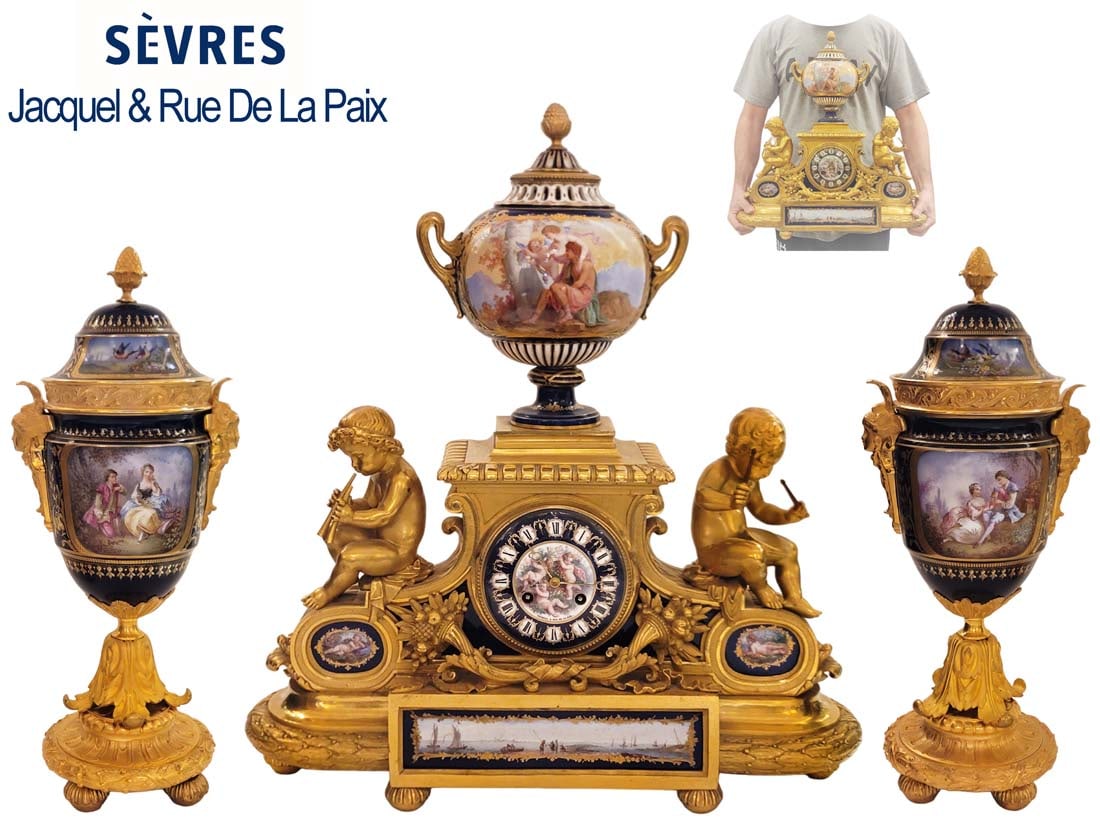 Large 19th C. Figural Bronze Hand Painted Sevres Porcelain Clockset: Large 19th C. Figural Bronze Hand Painted Sevres Porcelain Clockset. Clock: H 22" x W 7" x L 20 1/2" \ Vase H 17" x W 7 1/2"