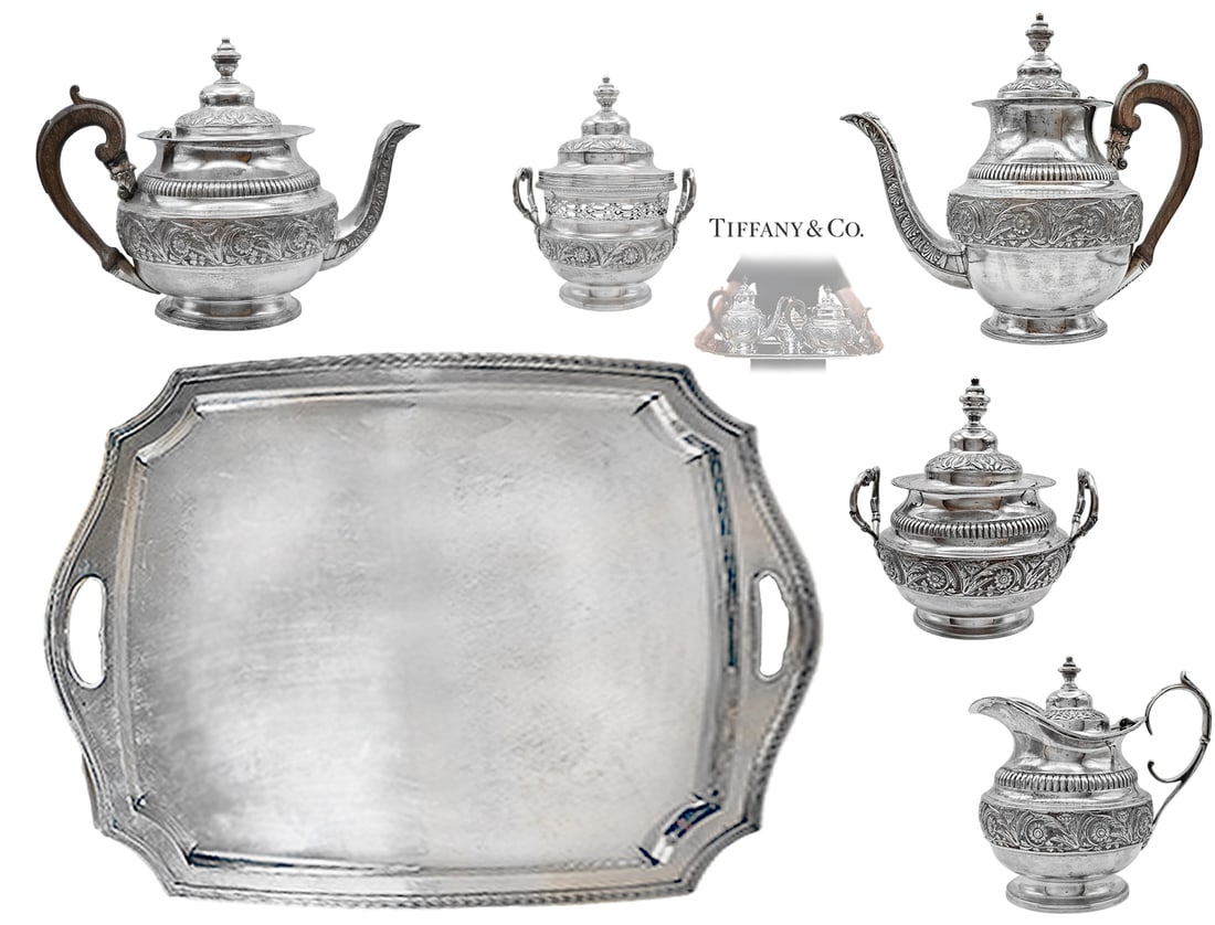 Large, Heavy Late 19th C. Tiffany & Co. Sterling Silver (8,260g) Six-Pieces Tea Set: Large, Heavy Late 19th C. Tiffany & Co. Sterling Silver (8,260g) Six-Pieces Tea Set. Tray: W 18 1/2" x L 24 1/2" \ Large pot: H 10 1/2" W 6" x L 11" \ Small pot: H 8 1/2" x W 7" x L 12" \ Creamer: H 6