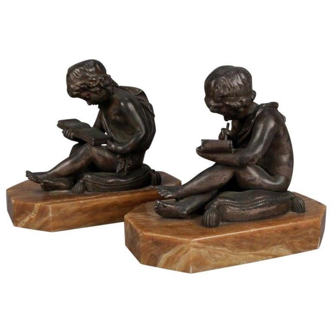 19th C. Bronze & Marble Figural Bookends after Lemire: 19th C. Bronze & Marble Figural Bookends after Lemire. They measure H: 5" W: 5 3/4" D: 3". gned Lemire (Charles Gabriel Lemire, French, 1741-1827) and bearing foundry stamp seal JOLLET et Cie et
