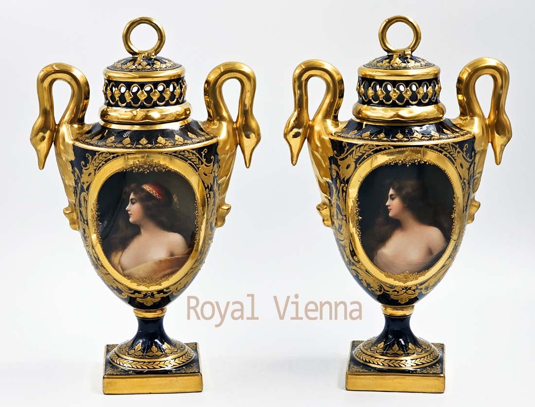 19th Pair Of Hand Painted Royal Vienna Vases/urns: 19th Pair Of Hand Painted Royal Vienna Vases/urns. H 11" x W 4" x L 6 1/2"