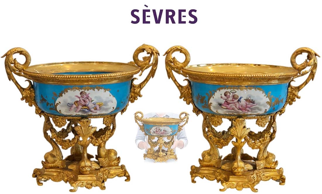 Pair Of 19th C. French Sevres Porcelain Gilt Bronze Centerpiece: Pair Of 19th C. French Sevres Porcelain Gilt Bronze Centerpiece. H 9 1/2" x W 8" x L 11"