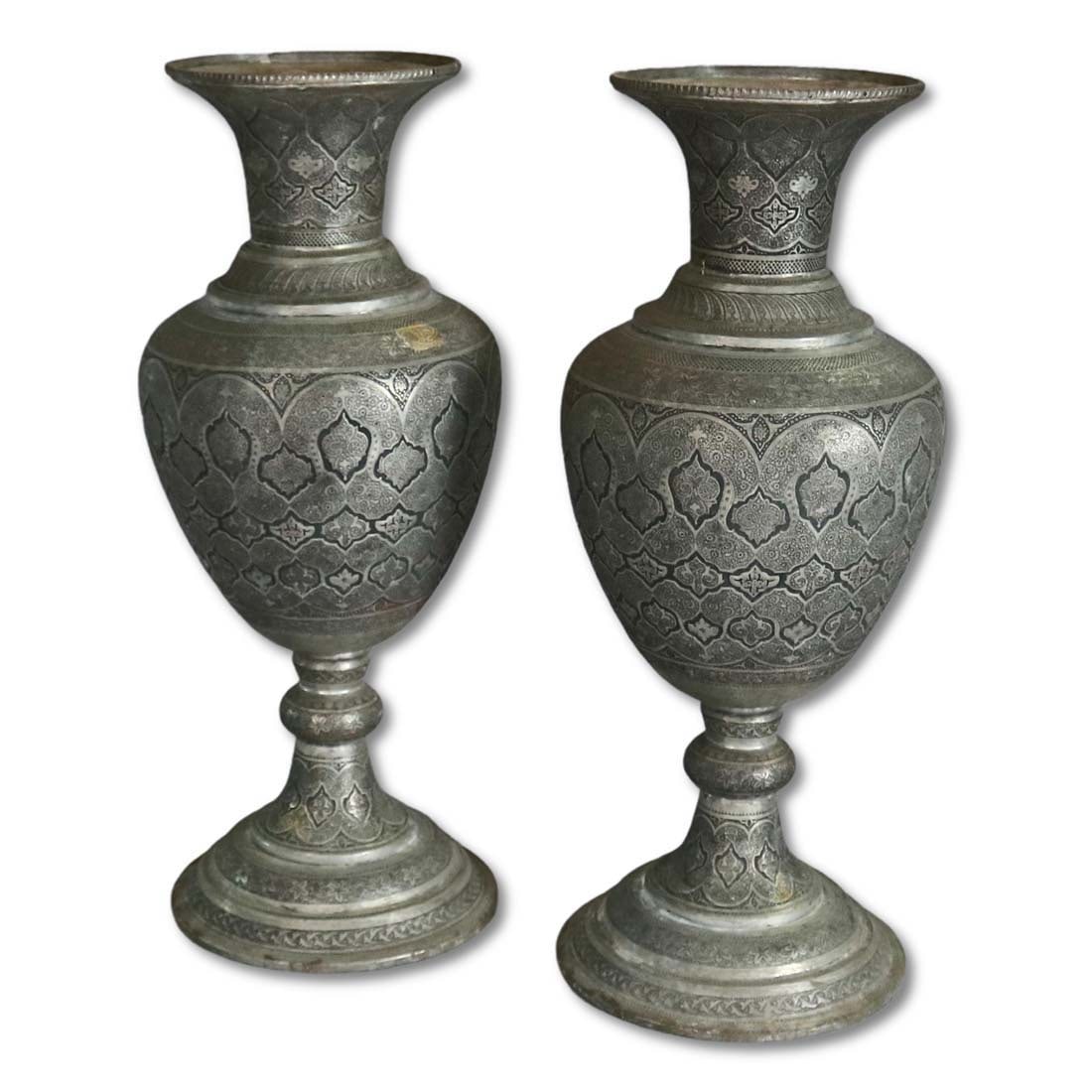 Monumental 19th C. Persian Hand-Hammered Hand-Engraved Urns: Monumental 19th C. Persian Hand-Hammered Hand-Engraved Urns. They measure 27.5" height x 10.5" diameter