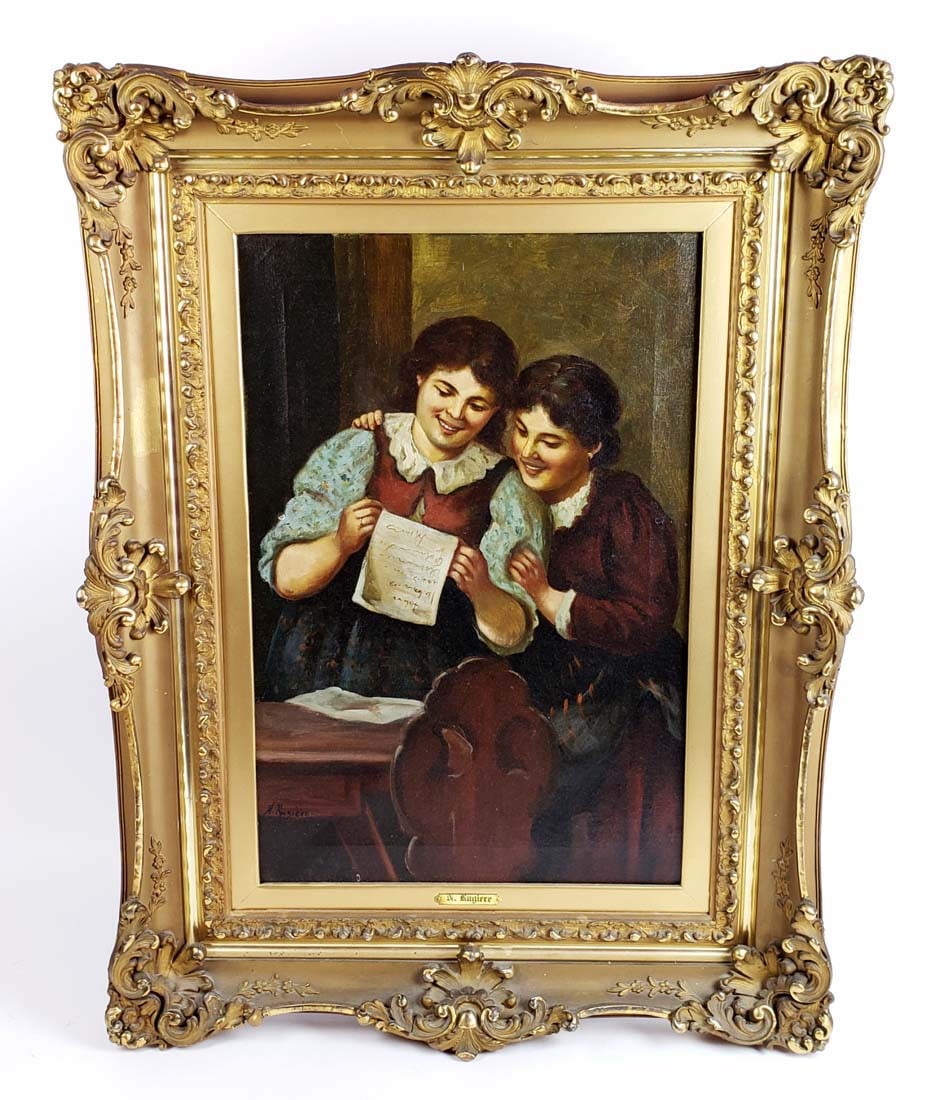 19th C. Oil on Canvas Signed N. Rugiere: 19th C. Oil on Canvas Signed N. Rugiere. The frame measures 34" x 26" and the canvas measures 16" x 24"