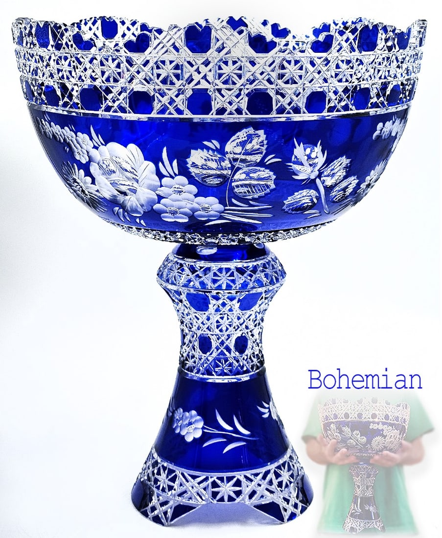 Antique Large Bohemian Cobalt Blue Cut Crystal Large Footed Centerpiece: Antique Large Bohemian Cobalt Blue Cut Crystal Large Footed Centerpiece. H 14 1/4" x W 11 1/2"