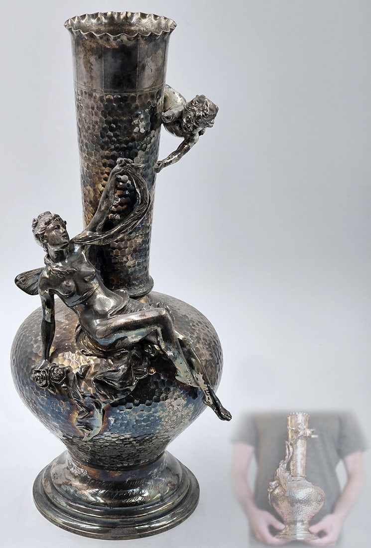 French Art Nouveau Figural Silver Plate Vase (1 of 6)