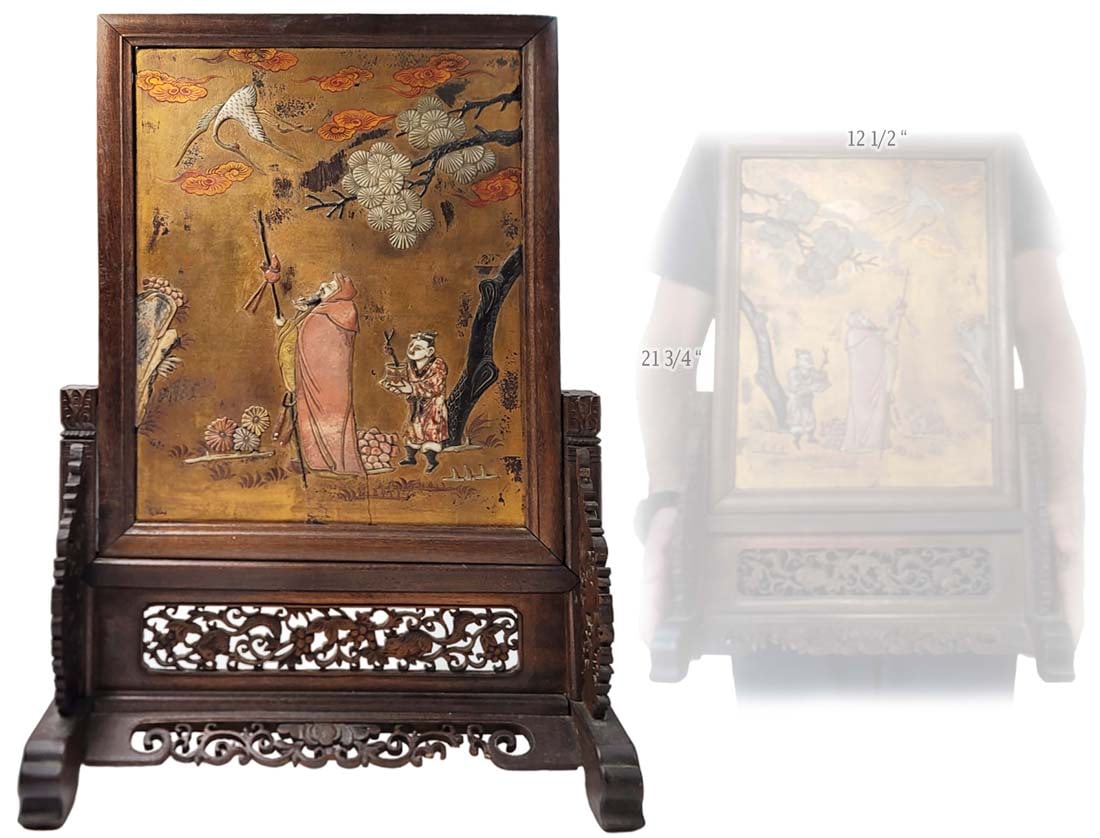 19th C Chinese Figural & Crane Stone Inlay Wooden Table Screen Dynasty: 19th C Chinese Figural & Crane Stone Inlay Wooden Table Screen Dynasty. W 12 1/2" x H 21 3/4"