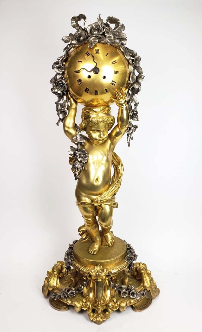 Att. To Charpentier a Paris Gilt & Silver Bronze Clock, Circa 1880: Att. To Charpentier a Paris Gilt & Silver Bronze Clock, Circa 1880. Measures H: 43" W: 18" D: 12"