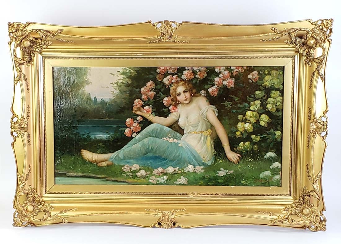 Large Zatzka 19th C. Orientalist Painting of Woman in Garden, Signed "J. Bernard": Large Zatzka 19th C. Orientalist Painting of Woman in Garden, Signed "J. Bernard" which is a pseudo name for Zatzka. The frame measures 28" x 42" and the canvas measures 17 1/2" x 31 1/2"
