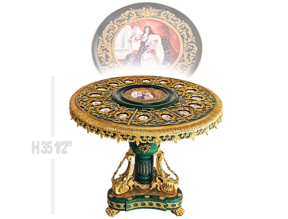 Large Napoleon III Sevres Style Porcelain Plaque Mounted Faux Malachite Center Table: Large Napoleon III Sevres Style Porcelain Plaque Mounted Faux Malachite Center Table. H 35 1/2" x W 42 1/2"