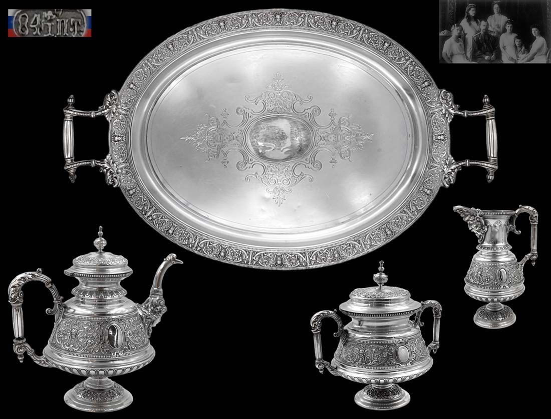 19th C. Imperial Russian Sterling Silver 84 Tea Set, 3,300 Grams: 19th C. Imperial Russian Sterling Silver 84 Tea Set, 3,300 Grams. Tray: 23 1/2" x 15" \ Creamer: H 6 1/2" x L 5" \ Sugar Bowl: H 7 1/2" x W 5" x L 7 1/2" \ Tea Pot: H 9 1/2" x W 6 1/2" x L 9 1/2"